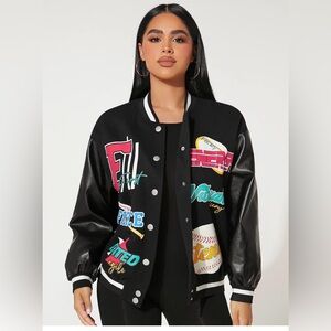 Shein EZwear Letter Graphic 
Leather Sleeve Varsity Jacket